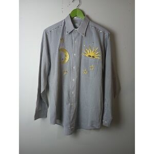 Vintage Marquis Celestial Sun Moon Star Striped Button Down Shirt Black White M